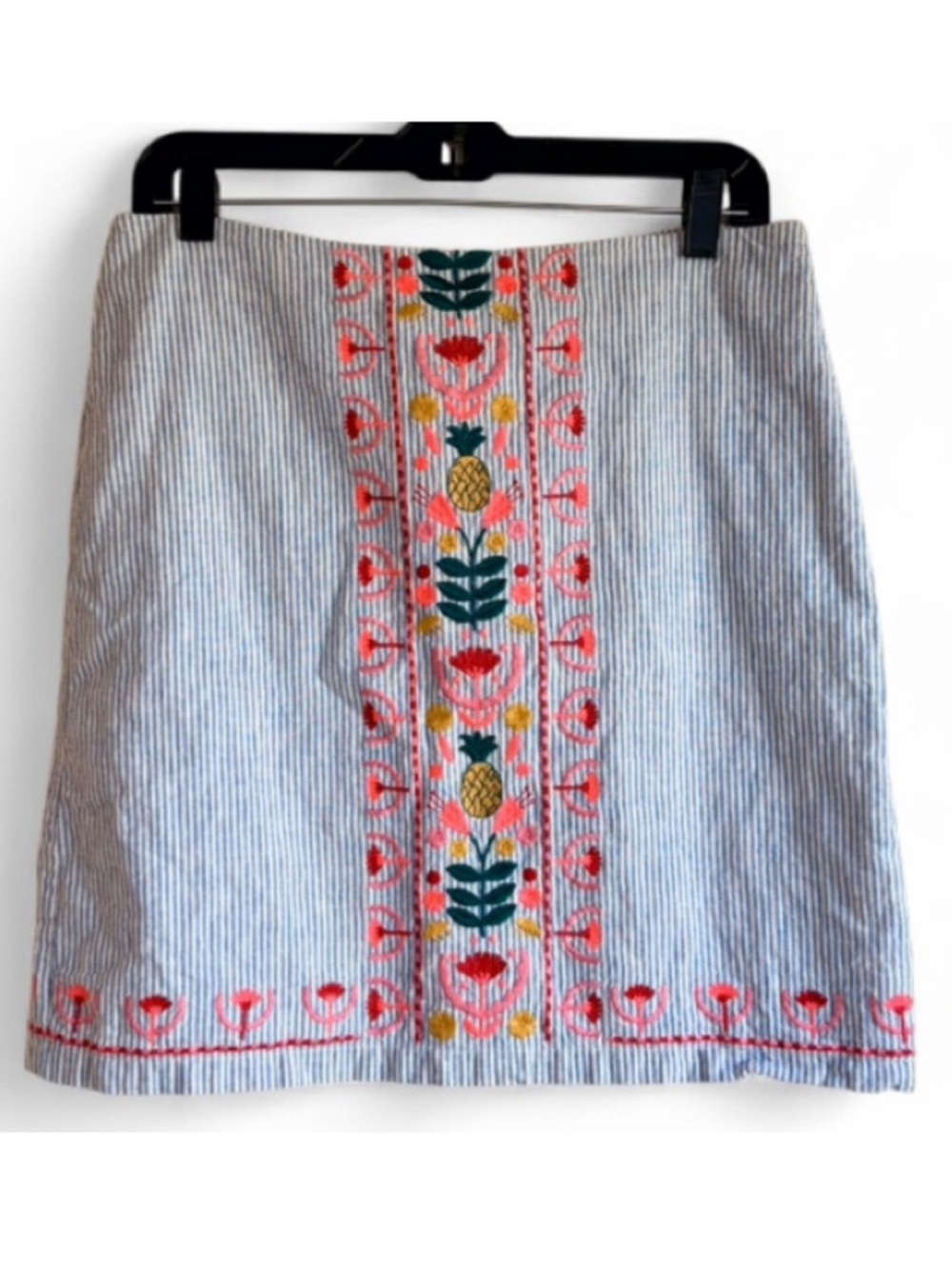 Boden Blue-White Striped Mini Skirt with Colorful Floral Embroidery